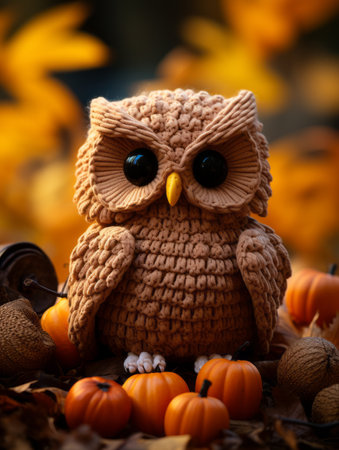 a crocheted owl is sitting on a pile of pumpkinsの素材