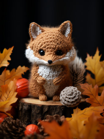 a crocheted fox sitting on a stump surrounded by autumn leavesの素材