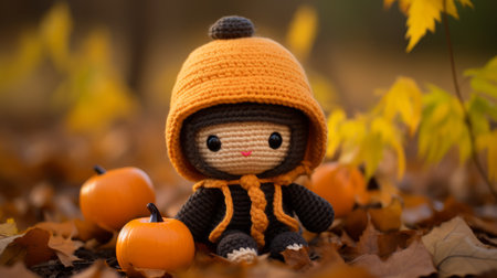 a crocheted doll wearing a pumpkin hat sits in the leavesの素材