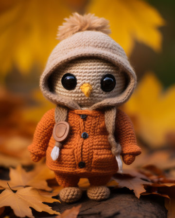 a crocheted owl wearing an orange coat and hatの素材