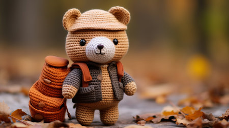 a crocheted teddy bear wearing a backpack and hatの素材
