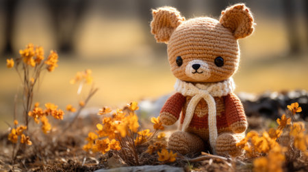 a crocheted teddy bear sitting in the grassの素材