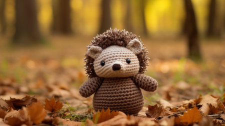 a crocheted hedgehog is standing in the leavesの素材