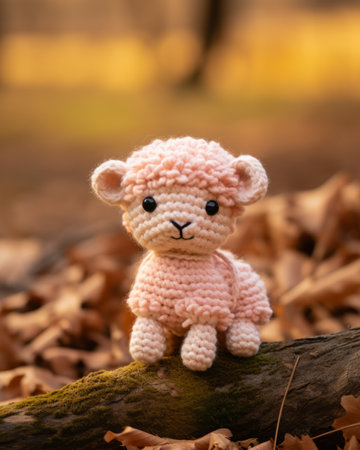 a crocheted sheep is sitting on a logの素材