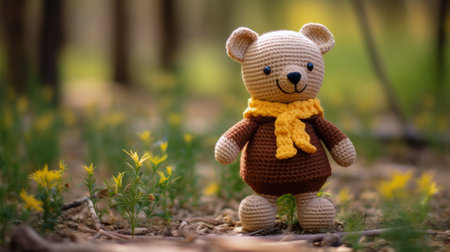 a crocheted teddy bear standing in the woodsの素材