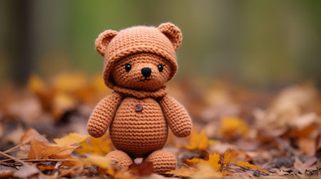 a crocheted teddy bear sitting in the leavesの素材