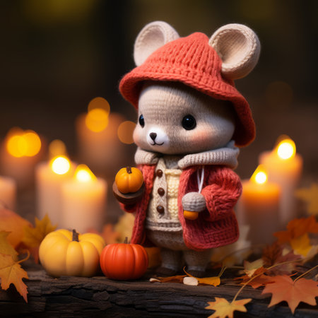 a cute little mouse in a sweater holding a pumpkinの素材