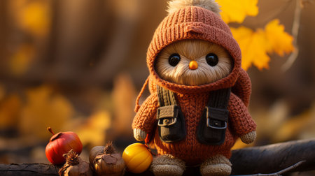 a cute little bird in a sweater is sitting on a branchの素材