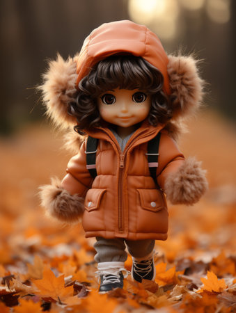 a doll in an orange coat walking through leavesの素材
