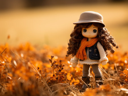 a doll is standing in a field of autumn leavesの素材