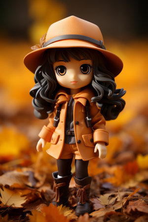 a doll wearing an orange coat and boots standing in the leavesの素材