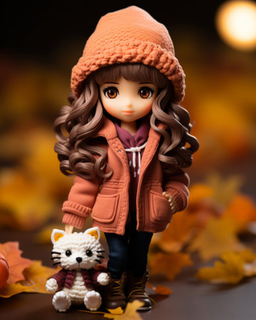 a doll wearing an orange coat and holding a teddy bearの素材