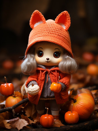a doll wearing an orange coat and holding pumpkinsの素材