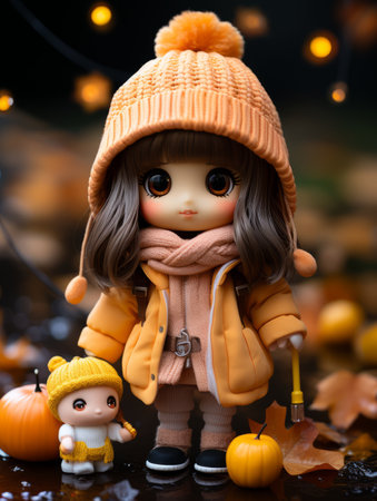 a doll wearing an orange coat and hat stands next to a pumpkinの素材