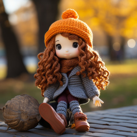 a doll with long curly hair sitting on a park benchの素材