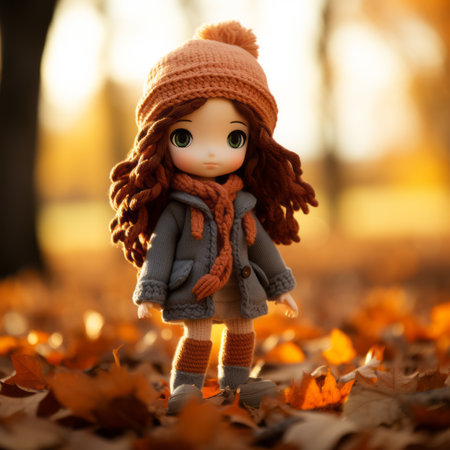 a doll with long red hair standing in a field of fallen leavesの素材