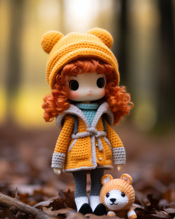 a doll with red hair and a yellow coat is standing next to a teddy bearの素材