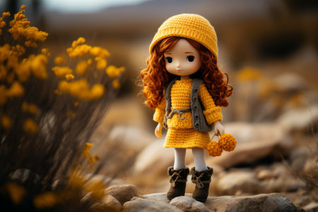 a doll with red hair standing on rocks in a fieldの素材