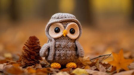 a knitted owl is sitting in the leavesの素材