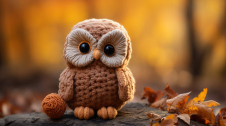 a knitted owl sits on a rock in the fallの素材