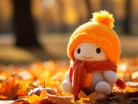 a knitted doll wearing an orange hat sits on the ground surrounded by autumn leavesの素材