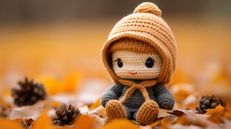 a knitted doll sitting on the ground surrounded by autumn leavesの素材