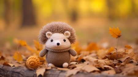 a knitted hedgehog sits on the ground surrounded by autumn leavesの素材