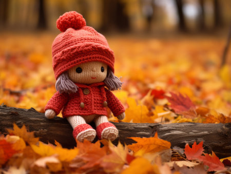 a knitted doll in a red hat sits on a log in autumn leavesの素材