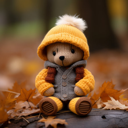 a knitted teddy bear sitting on a logの素材