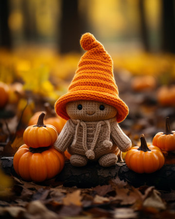 a knitted scarecrow sits on the ground surrounded by pumpkinsの素材