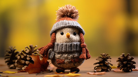 a knitted bird wearing a hat and scarf on a wooden tableの素材