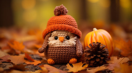 a knitted owl is sitting on the ground next to a pumpkinの素材
