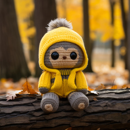 a knitted monkey in a yellow jacket sitting on a logの素材