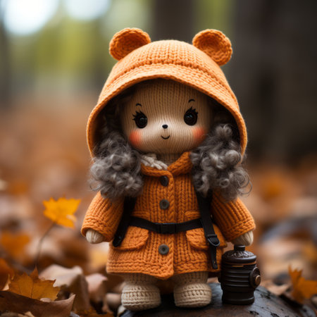 a knitted teddy bear wearing an orange coatの素材