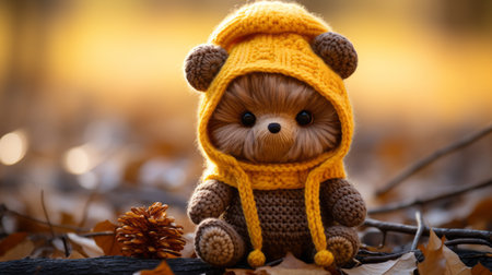 a knitted teddy bear wearing a yellow hatの素材