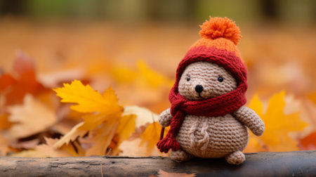 a knitted teddy bear wearing an orange hat and scarfの素材