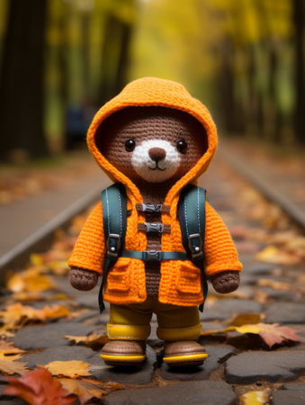 a knitted teddy bear wearing an orange jacket and backpackの素材
