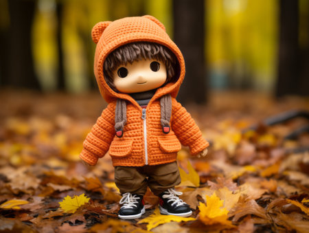 a little boy wearing an orange sweater standing in the leavesの素材