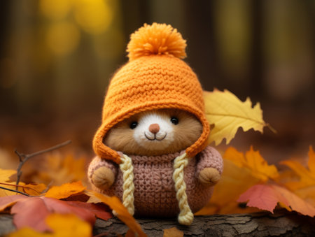 a knitted teddy bear wearing an orange hat in the fallの素材