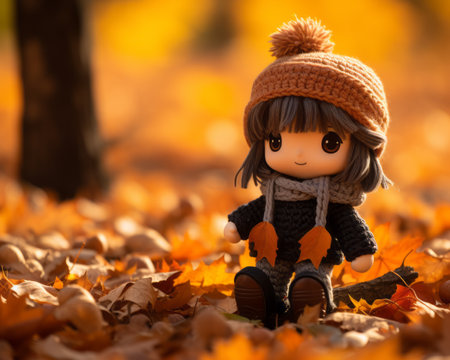 a little girl is sitting on the ground surrounded by autumn leavesの素材