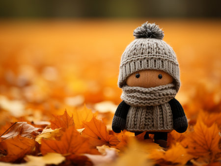 a small doll wearing a knitted hat and scarf standing in the middle of a field of autumn leavesの素材