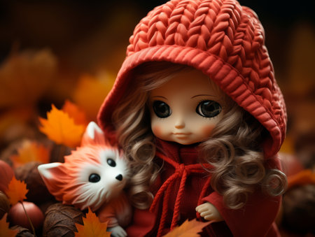 a little girl wearing a red hooded coat and holding a foxの素材