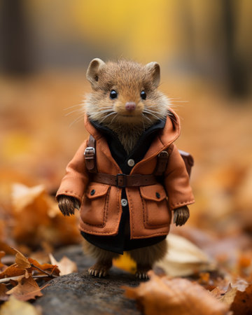 a small brown mouse wearing an orange jacket on a rockの素材