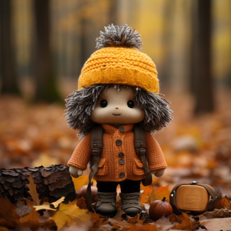 a small doll wearing an orange coat and hat stands in the middle of an autumn forestの素材