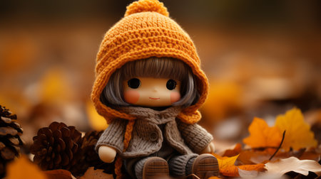 a little girl wearing an orange hat sits on the ground surrounded by fallen leavesの素材