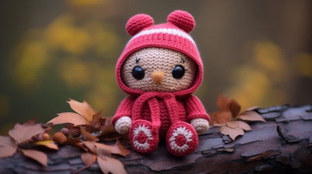 a small crocheted owl is sitting on a branchの素材