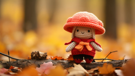 a small crochet doll wearing an orange hat sits on a log in the middle of an autumn forestの素材