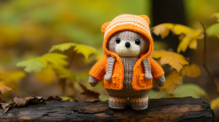 a knitted teddy bear wearing an orange sweaterの素材