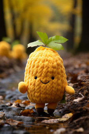 a knitted toy of an orange with leaves on itの素材
