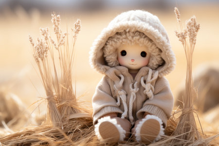 a small doll sitting in a field of wheatの素材